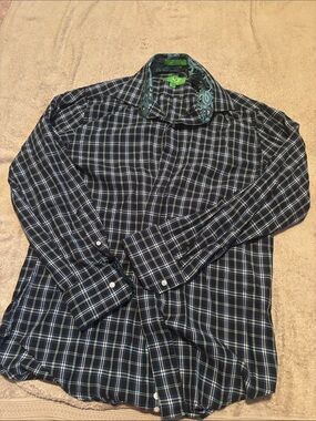 Men's Black and Blue Plaid Long-Sleeve Dress Shirt